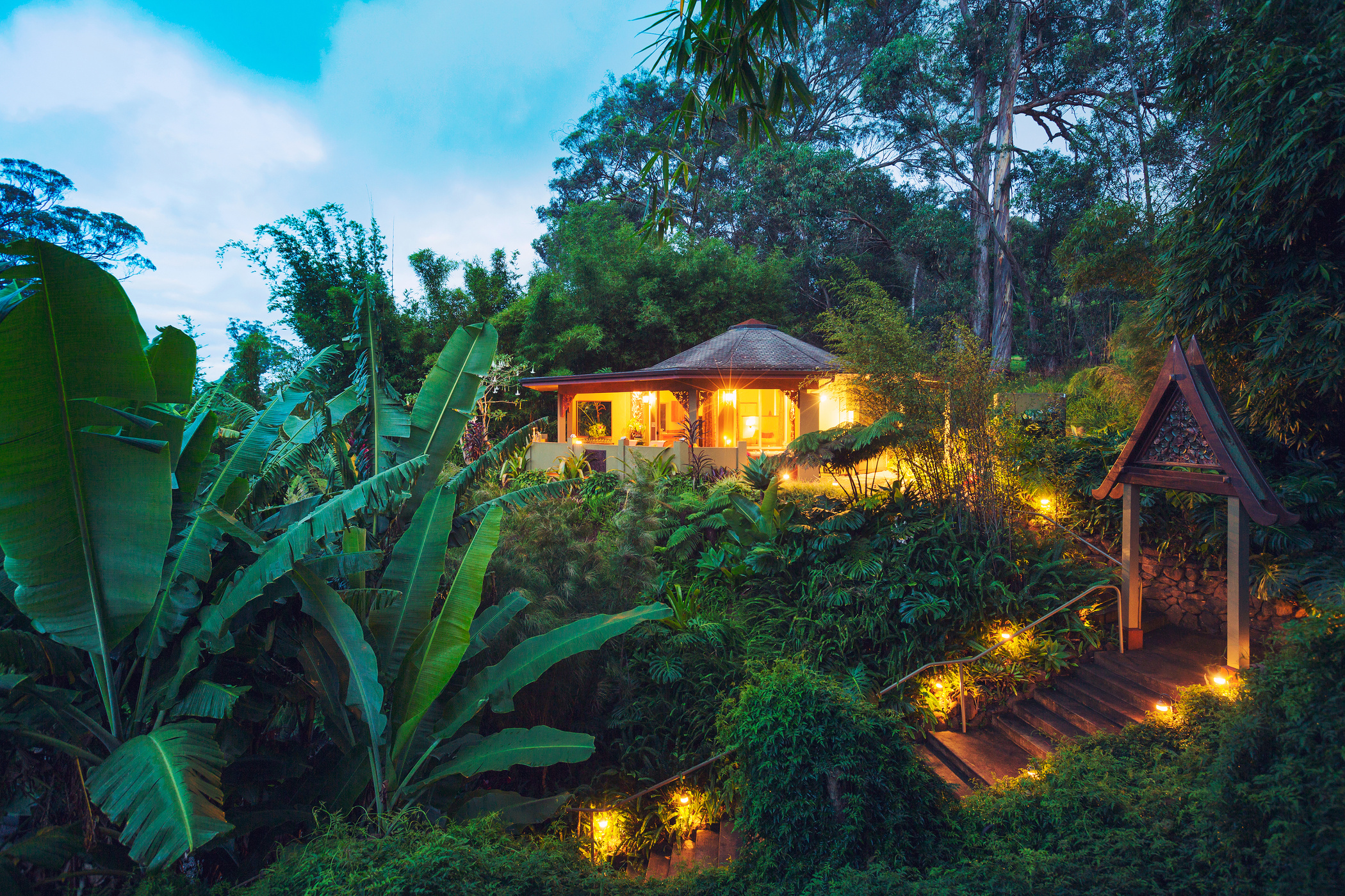Tropical Home in the Jungle at Sunset